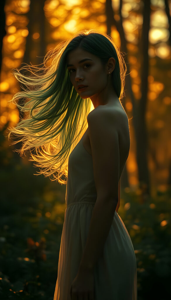 A mystical young woman with flowing, emerald-green hair stands gracefully in a radiant, sunlit forest, her silhouette bathed in a warm, golden glow, her elegant form outlined against a vibrant, fiery orange sky. Her eyes sparkle with an inner light, and her figure is accentuated by a flowing, translucent gown that dances in the breeze. The background is alive with lush, luminescent foliage and soft, glowing orbs, creating a dreamlike, otherworldly atmosphere.