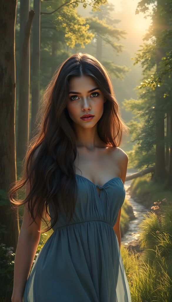 A mystical young woman with long, wavy dark brown hair and expressive brown eyes stands amidst a vibrant, sunlit forest. She wears a flowing, thin blue dress that billows around her as she walks through the lush greenery. Her lips are adorned with a subtle pink lipstick, adding a touch of elegance. The background is a stunning, hyper-realistic landscape with towering trees, a winding river, and a golden sunset casting a warm glow. The scene is rendered in an 8K digital painting style, blending realism with ethereal fantasy elements, creating a captivating and dreamlike atmosphere.