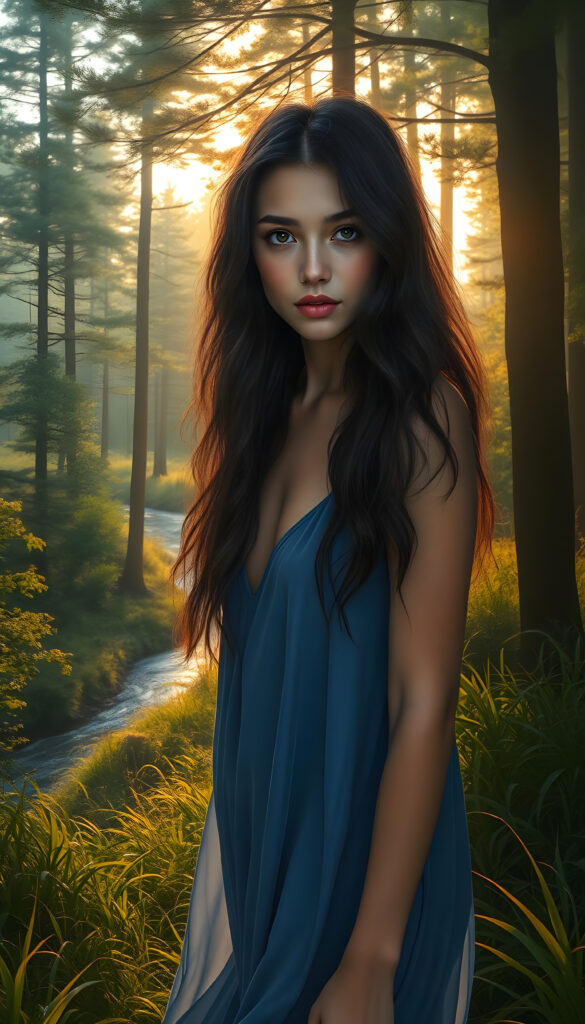 A mystical young woman with long, wavy dark brown hair and expressive brown eyes stands amidst a vibrant, sunlit forest. She wears a flowing, thin blue dress that billows around her as she walks through the lush greenery. Her lips are adorned with a subtle pink lipstick, adding a touch of elegance. The background is a stunning, hyper-realistic landscape with towering trees, a winding river, and a golden sunset casting a warm glow. The scene is rendered in an 8K digital painting style, blending realism with ethereal fantasy elements, creating a captivating and dreamlike atmosphere.