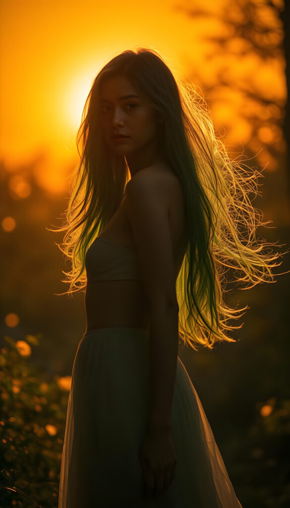 A mystical young woman with flowing, emerald-green hair stands gracefully in a radiant, sunlit forest, her silhouette bathed in a warm, golden glow, her elegant form outlined against a vibrant, fiery orange sky. Her eyes sparkle with an inner light, and her figure is accentuated by a flowing, translucent gown that dances in the breeze. The background is alive with lush, luminescent foliage and soft, glowing orbs, creating a dreamlike, otherworldly atmosphere.