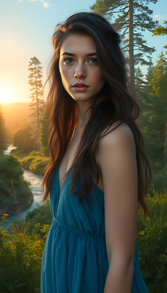 A mystical young woman with long, wavy dark brown hair and expressive brown eyes stands amidst a vibrant, sunlit forest. She wears a flowing, thin blue dress that billows around her as she walks through the lush greenery. Her lips are adorned with a subtle pink lipstick, adding a touch of elegance. The background is a stunning, hyper-realistic landscape with towering trees, a winding river, and a golden sunset casting a warm glow. The scene is rendered in an 8K digital painting style, blending realism with ethereal fantasy elements, creating a captivating and dreamlike atmosphere.
