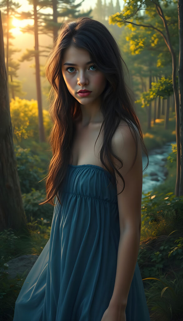 A mystical young woman with long, wavy dark brown hair and expressive brown eyes stands amidst a vibrant, sunlit forest. She wears a flowing, thin blue dress that billows around her as she walks through the lush greenery. Her lips are adorned with a subtle pink lipstick, adding a touch of elegance. The background is a stunning, hyper-realistic landscape with towering trees, a winding river, and a golden sunset casting a warm glow. The scene is rendered in an 8K digital painting style, blending realism with ethereal fantasy elements, creating a captivating and dreamlike atmosphere.