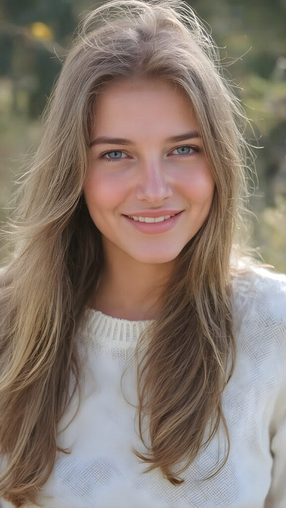 A (((natural girl))) with long, flowing hair and a radiant complexion, embodying the essence of youthful beauty in a (((vintage, pin-up style))), full figure body image, showcasing her radiant skin and delicate, softly-toned natural makeup. She exudes a warm, welcoming smile against a backdrop of a (((natural, outdoor environment))) that brings to mind the spirit of natural beauty and the timeless allure of a bygone era. She is wearing a fine white sweater made of wool.