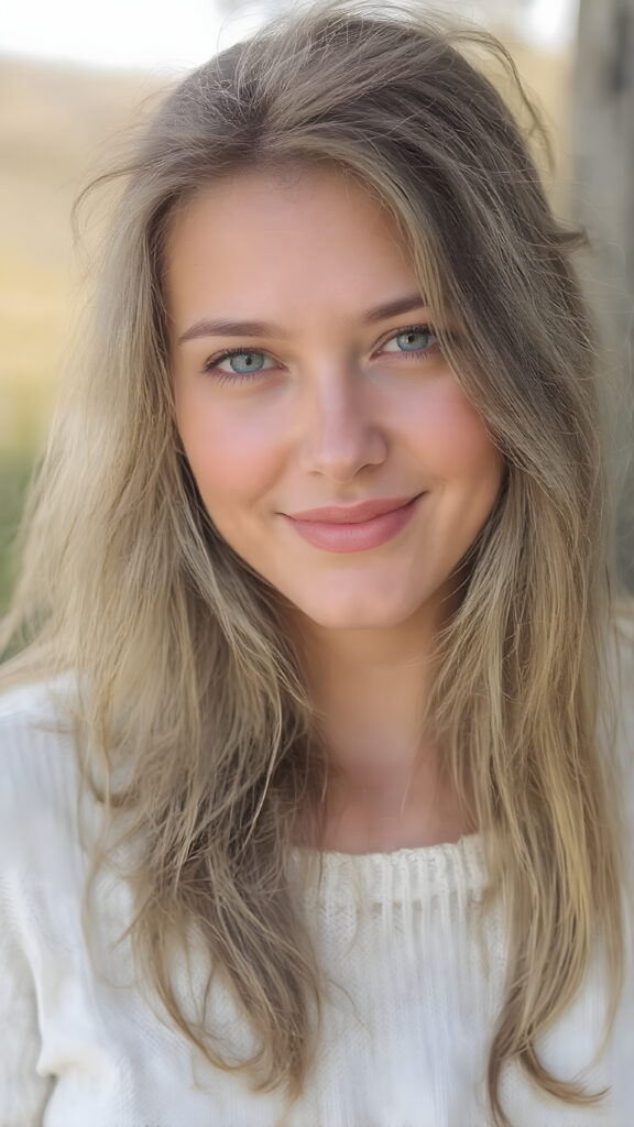 A (((natural girl))) with long, flowing hair and a radiant complexion, embodying the essence of youthful beauty in a (((vintage, pin-up style))), full figure body image, showcasing her radiant skin and delicate, softly-toned natural makeup. She exudes a warm, welcoming smile against a backdrop of a (((natural, outdoor environment))) that brings to mind the spirit of natural beauty and the timeless allure of a bygone era. She is wearing a fine white sweater made of wool.