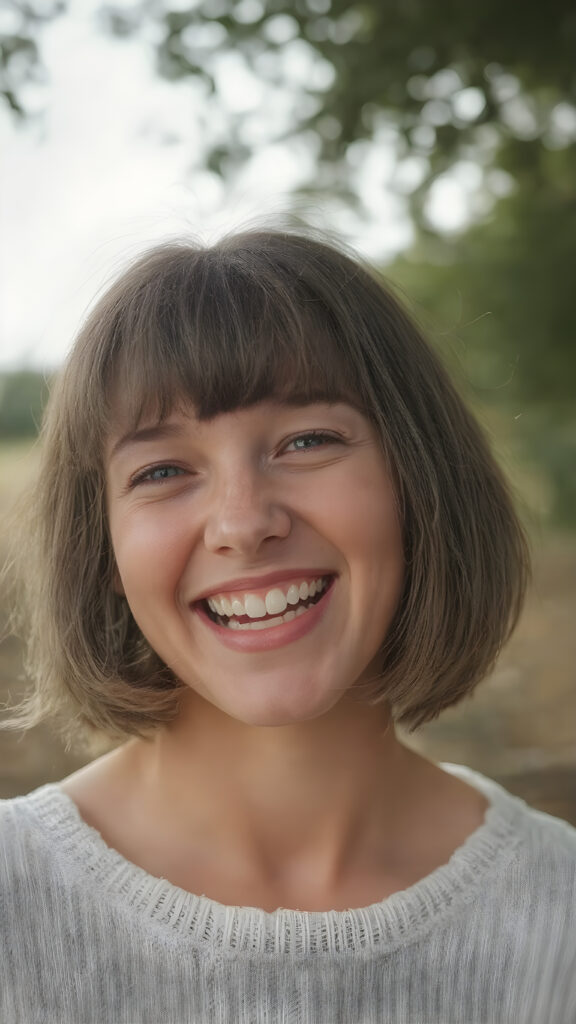 A (((natural girl))) with natural bob haircut, straight hair, and a radiant complexion, embodying the essence of youthful beauty in a (((vintage, pin-up style))), full figure body image, showcasing her radiant skin and delicate, softly-toned natural makeup, against a backdrop of a (((natural, outdoor environment))) that brings to mind the spirit of natural beauty and the timeless allure of a bygone era. She is wearing a fine white sweater made of wool, she laughs heartily with her mouth wide open and her teeth white