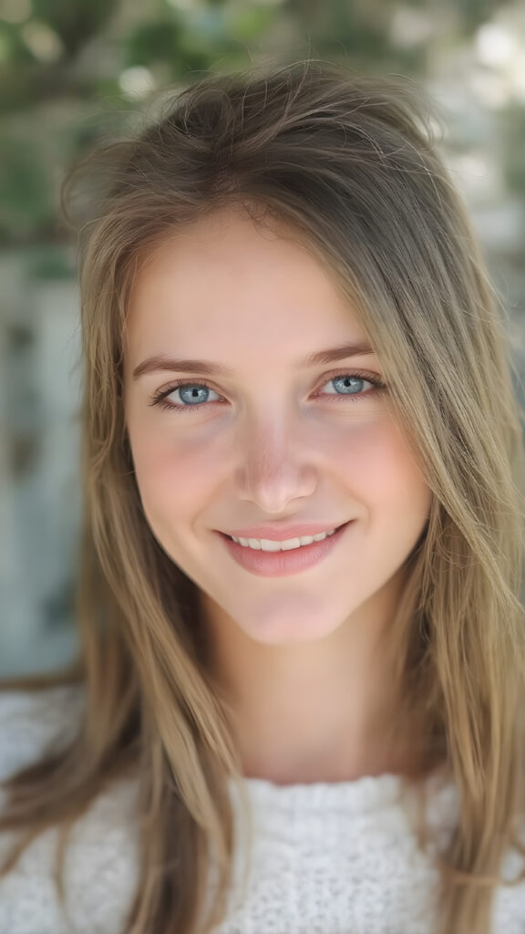 A (((natural girl))) with long, flowing hair and a radiant complexion, embodying the essence of youthful beauty in a (((vintage, pin-up style))), full figure body image, showcasing her radiant skin and delicate, softly-toned natural makeup. She exudes a warm, welcoming smile against a backdrop of a (((natural, outdoor environment))) that brings to mind the spirit of natural beauty and the timeless allure of a bygone era. She is wearing a fine white sweater made of wool.