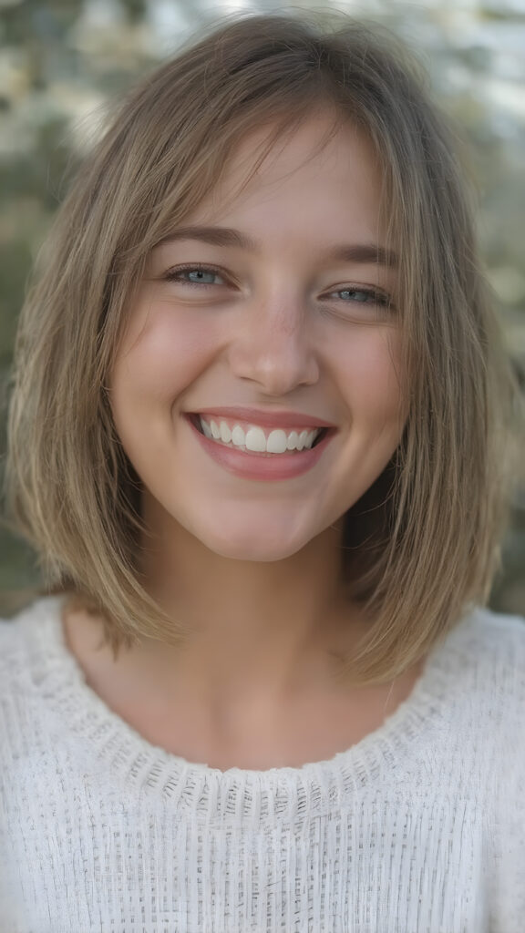 A (((natural girl))) with natural bob haircut, straight hair, and a radiant complexion, embodying the essence of youthful beauty in a (((vintage, pin-up style))), full figure body image, showcasing her radiant skin and delicate, softly-toned natural makeup, against a backdrop of a (((natural, outdoor environment))) that brings to mind the spirit of natural beauty and the timeless allure of a bygone era. She is wearing a fine white sweater made of wool, she laughs heartily with her mouth wide open and her teeth white