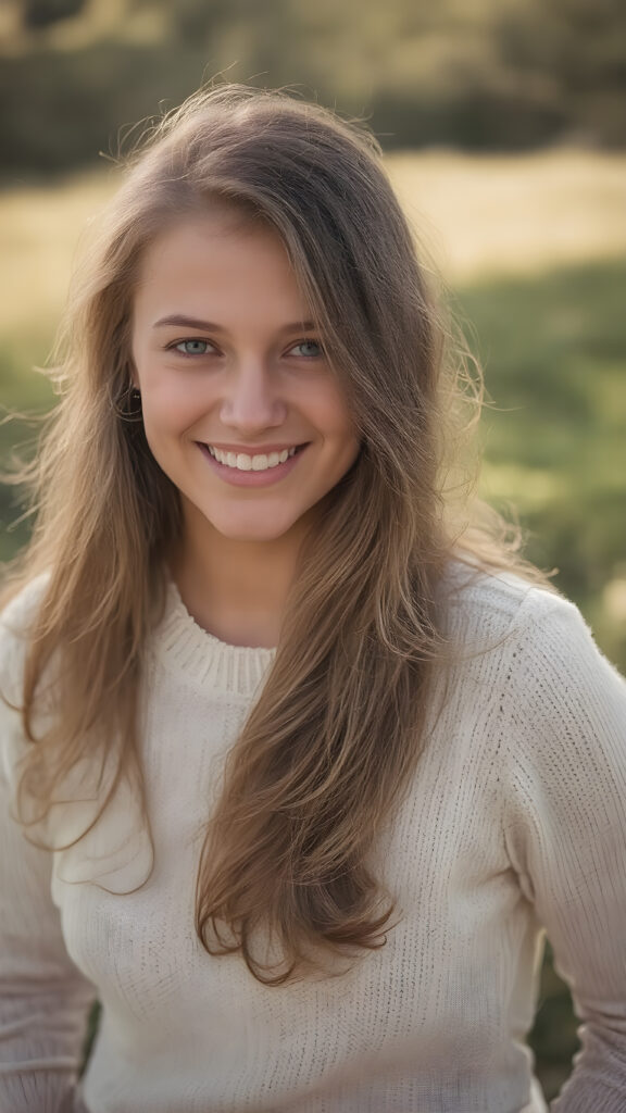 A (((natural girl))) with long, flowing hair and a radiant complexion, embodying the essence of youthful beauty in a (((vintage, pin-up style))), full figure body image, showcasing her radiant skin and delicate, softly-toned natural makeup. She exudes a warm, welcoming smile against a backdrop of a (((natural, outdoor environment))) that brings to mind the spirit of natural beauty and the timeless allure of a bygone era. She is wearing a fine white sweater made of wool.