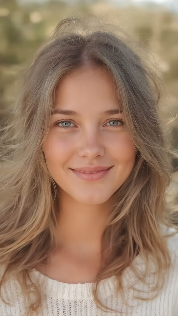 A (((natural girl))) with long, flowing hair and a radiant complexion, embodying the essence of youthful beauty in a (((vintage, pin-up style))), full figure body image, showcasing her radiant skin and delicate, softly-toned natural makeup. She exudes a warm, welcoming smile against a backdrop of a (((natural, outdoor environment))) that brings to mind the spirit of natural beauty and the timeless allure of a bygone era. She is wearing a fine white sweater made of wool.