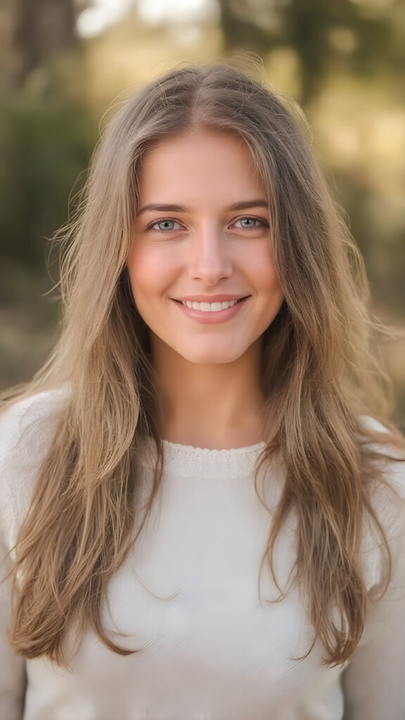 A (((natural girl))) with long, flowing hair and a radiant complexion, embodying the essence of youthful beauty in a (((vintage, pin-up style))), full figure body image, showcasing her radiant skin and delicate, softly-toned natural makeup. She exudes a warm, welcoming smile against a backdrop of a (((natural, outdoor environment))) that brings to mind the spirit of natural beauty and the timeless allure of a bygone era. She is wearing a fine white sweater made of wool.