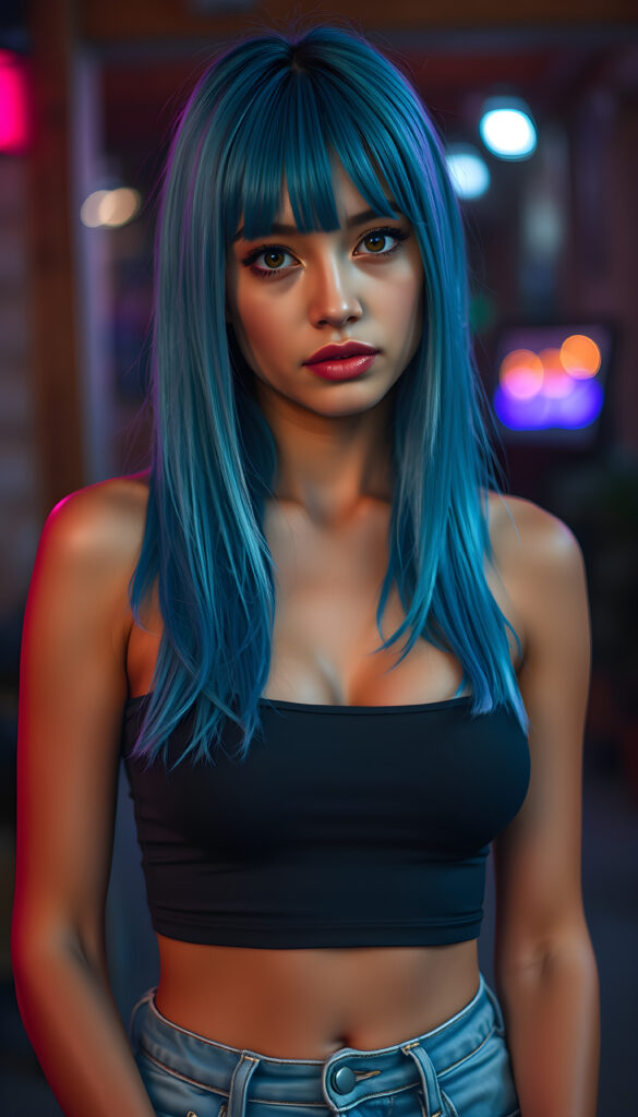 A nice, pretty girl with ((straight, silky neon blue hair)), full, plump lips, a round face, large, round, sparkling amber eyes, and round cheeks. She has a wonderful feminine body and wears a short, tight tank top that perfectly accentuates her figure. She wears short, tight jeans and has tanned legs.