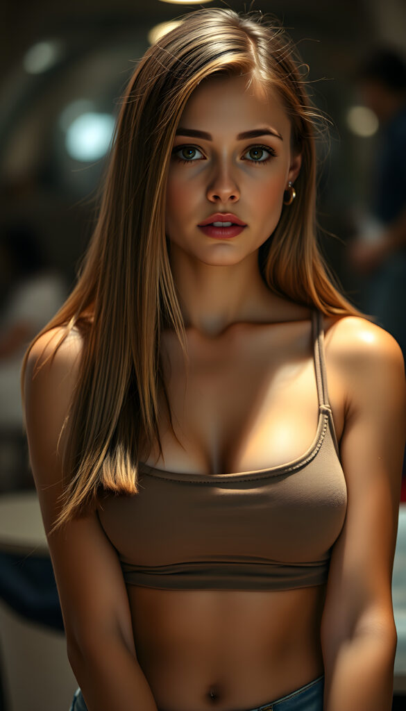 A nice, pretty well busty girlie posed seductive, with straight shoulder length, silky hair left and right the same length, full, plump lips, a round face, large, round, sparkling amber eyes, and round cheeks. She looks very innocent and she has a wonderful feminine body and wears a short, tight minimal tank top that perfectly accentuates her figure. She wears short, tight jeans and has tanned legs.