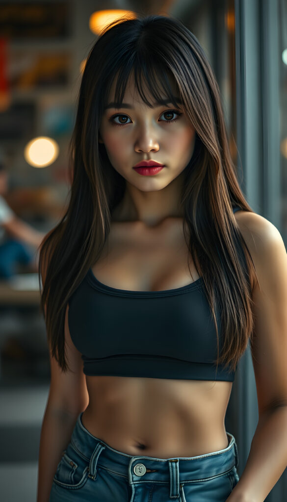 A nice, pretty girl with straight, silky hair, full, plump lips, a round face, large, round, sparkling amber eyes, and round cheeks. She has a wonderful feminine body and wears a short, tight tank top that perfectly accentuates her figure. She wears short, tight jeans and has tanned legs.