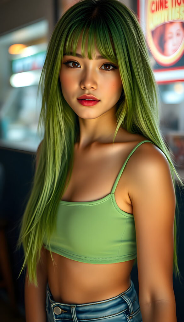 A nice, pretty girl with ((straight, silky neon green hair)), full, plump lips, a round face, large, round, sparkling amber eyes, and round cheeks. She has a wonderful feminine body and wears a short, tight tank top that perfectly accentuates her figure. She wears short, tight jeans and has tanned legs.