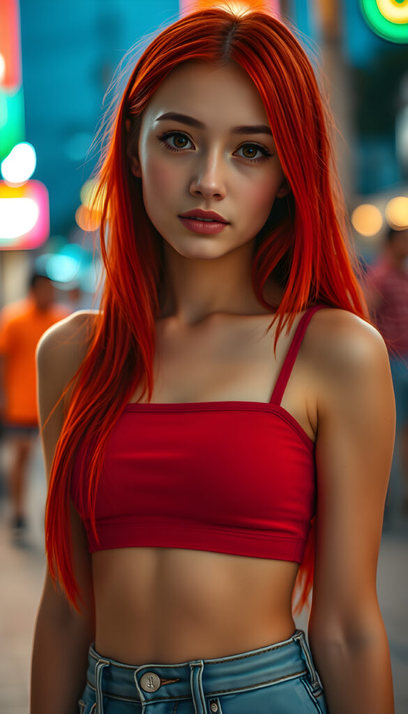 A nice, pretty girl with ((straight, silky neon red hair)), full, plump lips, a round face, large, round, sparkling amber eyes, and round cheeks. She has a wonderful feminine body and wears a short, tight tank top that perfectly accentuates her figure. She wears short, tight jeans and has tanned legs.