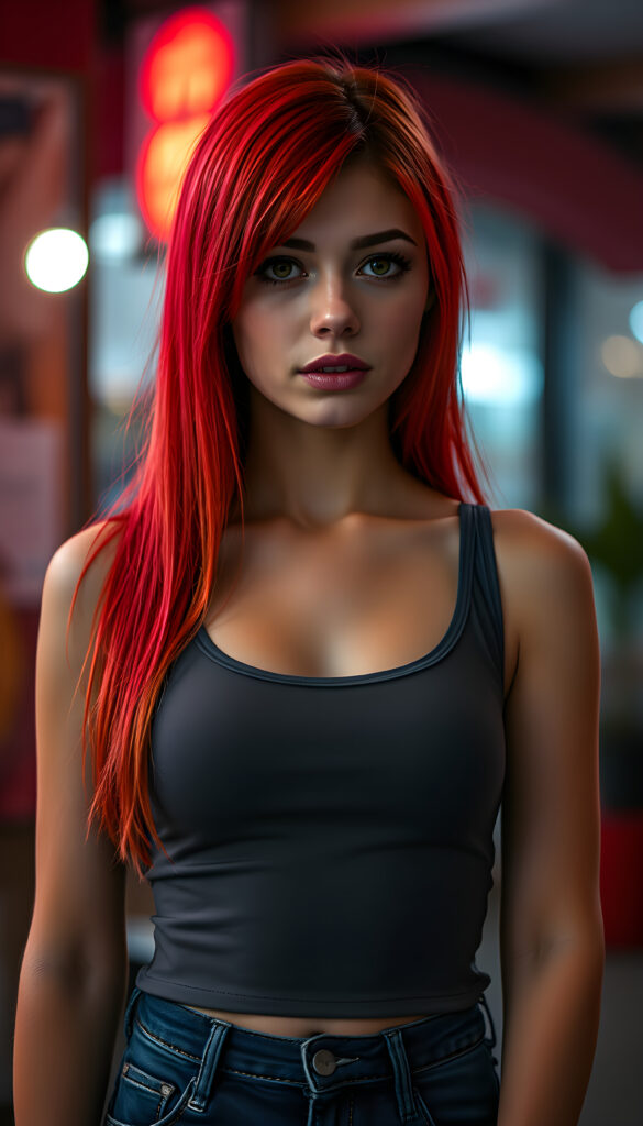 A nice, pretty girl with ((straight, silky neon red hair)), full, plump lips, a round face, large, round, sparkling amber eyes, and round cheeks. She has a wonderful feminine body and wears a short, tight tank top that perfectly accentuates her figure. She wears short, tight jeans and has tanned legs.