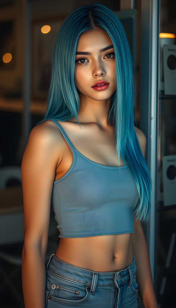 A nice, pretty girl with ((straight, silky neon blue hair)), full, plump lips, a round face, large, round, sparkling amber eyes, and round cheeks. She has a wonderful feminine body and wears a short, tight tank top that perfectly accentuates her figure. She wears short, tight jeans and has tanned legs.