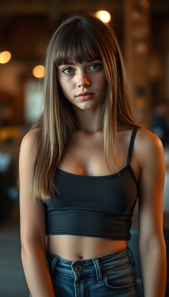 A nice, pretty girl with straight, silky hair, full, plump lips, a round face, large, round, sparkling amber eyes, and round cheeks. She looks very innocent and she has a wonderful feminine body and wears a short, tight tank top that perfectly accentuates her figure. She wears short, tight jeans and has tanned legs.