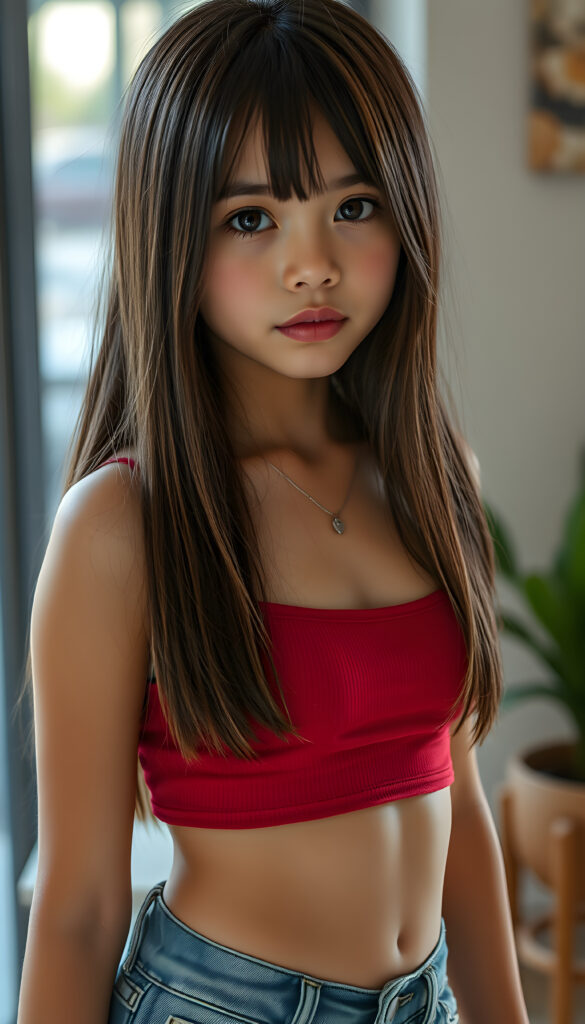 A nice, pretty girl with straight, silky hair, full, plump lips, a round face, large, round, sparkling amber eyes, and round cheeks. She looks very innocent and she has a wonderful feminine body and wears a short, tight tank top that perfectly accentuates her figure. She wears short, tight jeans and has tanned legs.