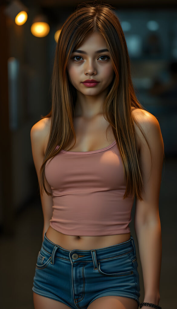 A nice, pretty girl with straight, silky hair, full, plump lips, a round face, large, round, sparkling amber eyes, and round cheeks. She looks very innocent and she has a wonderful feminine body and wears a short, tight tank top that perfectly accentuates her figure. She wears short, tight jeans and has tanned legs.