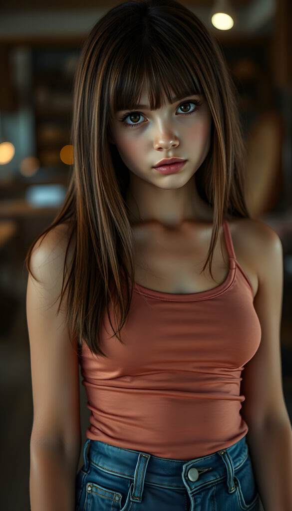 A nice, pretty girl with straight, silky hair, full, plump lips, a round face, large, round, sparkling amber eyes, and round cheeks. She looks very innocent and she has a wonderful feminine body and wears a short, tight tank top that perfectly accentuates her figure. She wears short, tight jeans and has tanned legs.