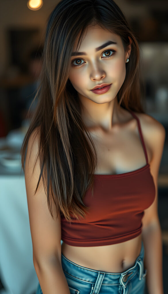 A nice, pretty girl with straight, silky hair, full, plump lips, a round face, large, round, sparkling amber eyes, and round cheeks. She looks very innocent and she has a wonderful feminine body and wears a short, tight tank top that perfectly accentuates her figure. She wears short, tight jeans and has tanned legs.