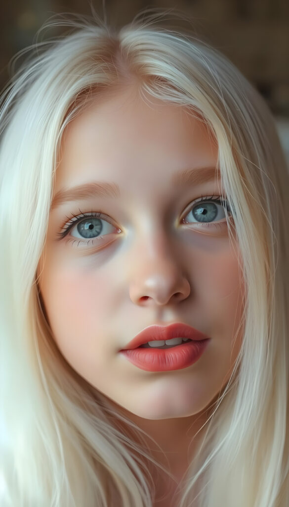 A nostalgic photo shows a young adult teen girl with white, silky smooth, soft, fine hair, looking dreamily at the viewer. She has flawless skin, delicate lips, and white teeth. A round, angelic face gently framed by her hair. Soft light falls into her deep blue, shining eyes. The image has a peaceful effect. Her mouth is slightly open and inviting a kiss with half closed eyes, she looks up to the viewer, seductive