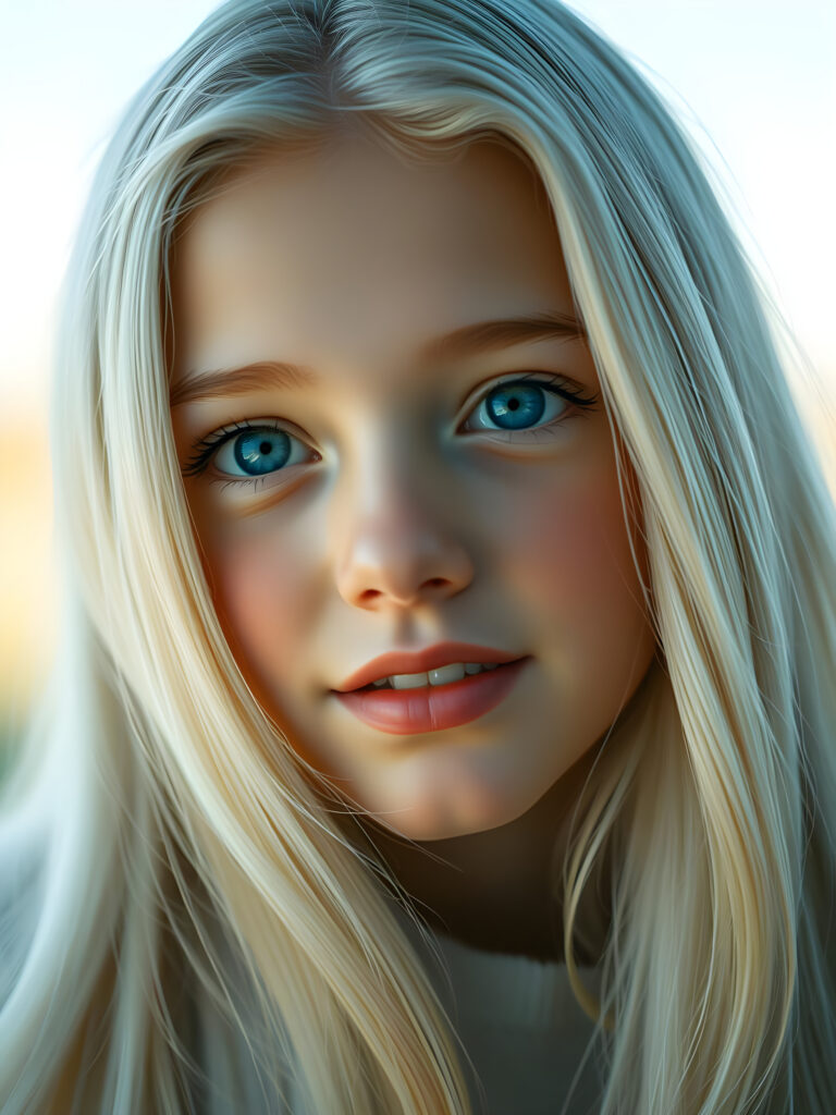 A nostalgic photo shows a young adult teen girl with white, silky smooth, soft, fine hair, looking dreamily at the viewer. She has flawless skin, delicate lips, and white teeth. A round, angelic face gently framed by her hair. Soft light falls into her deep blue, shining eyes. The image has a peaceful effect.