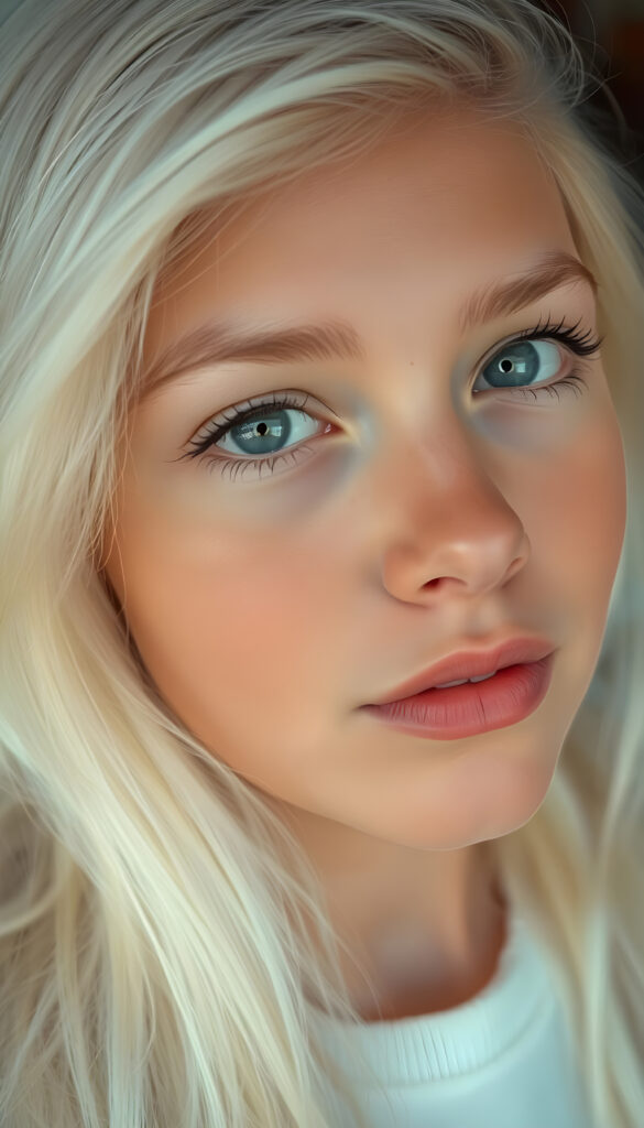 A nostalgic photo shows a young adult teen girl with white, silky smooth, soft, fine hair, looking dreamily at the viewer. She has flawless skin, delicate lips, and white teeth. A round, angelic face gently framed by her hair. Soft light falls into her deep blue, shining eyes. The image has a peaceful effect. Her mouth is slightly open and inviting a kiss with half closed eyes, she looks up to the viewer, seductive, side view