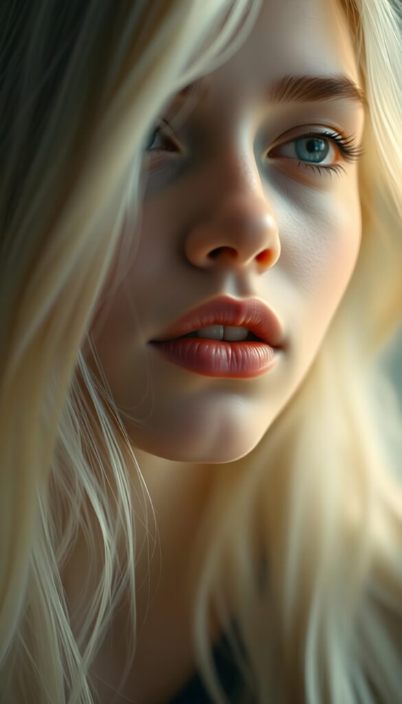 A nostalgic photo from a beautiful young girl with long, straight blonde hair; she has plump, full lips and is anticipating a sensual kiss; her skin is flawless. The focus is on her deep blue eyes. Light falls on her round, angelic face. The image perfectly conveys passion and sensuality. The background is a white-gray canvas.