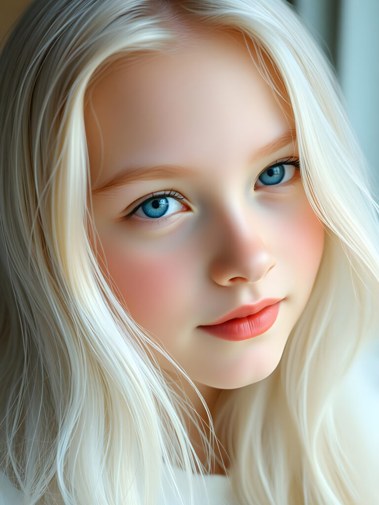 A nostalgic photo shows a young adult teen girl with white, silky smooth, soft, fine hair, looking dreamily at the viewer. She has flawless skin, delicate lips, and white teeth. A round, angelic face gently framed by her hair. Soft light falls into her deep blue, shining eyes. The image has a peaceful effect.