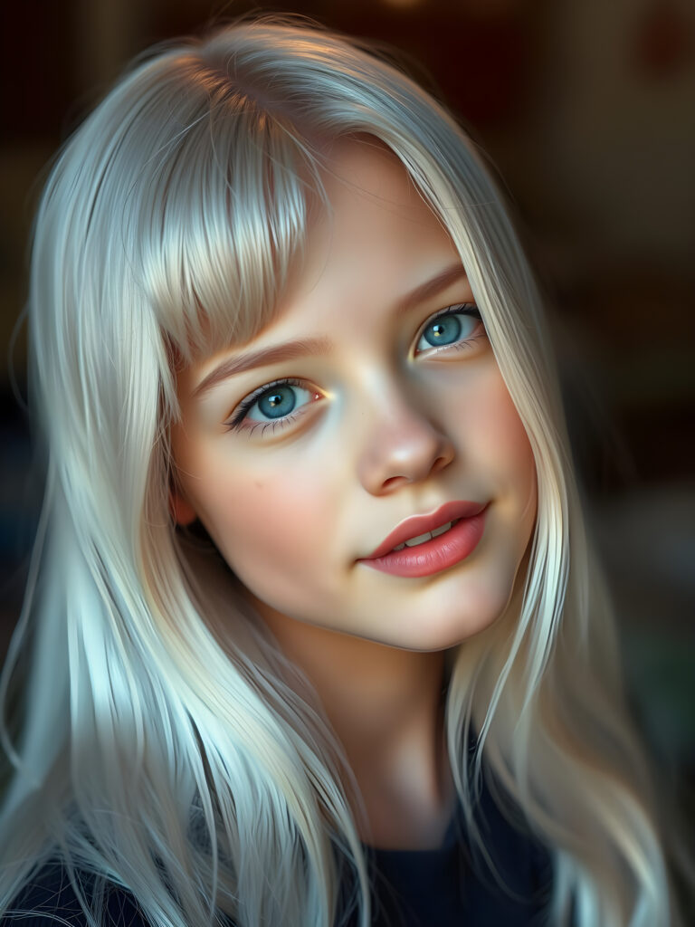A nostalgic photo shows a young adult teen girl with white, silky smooth, soft, fine hair, looking dreamily at the viewer. She has flawless skin, delicate lips, and white teeth. A round, angelic face gently framed by her hair. Soft light falls into her deep blue, shining eyes. The image has a peaceful effect.