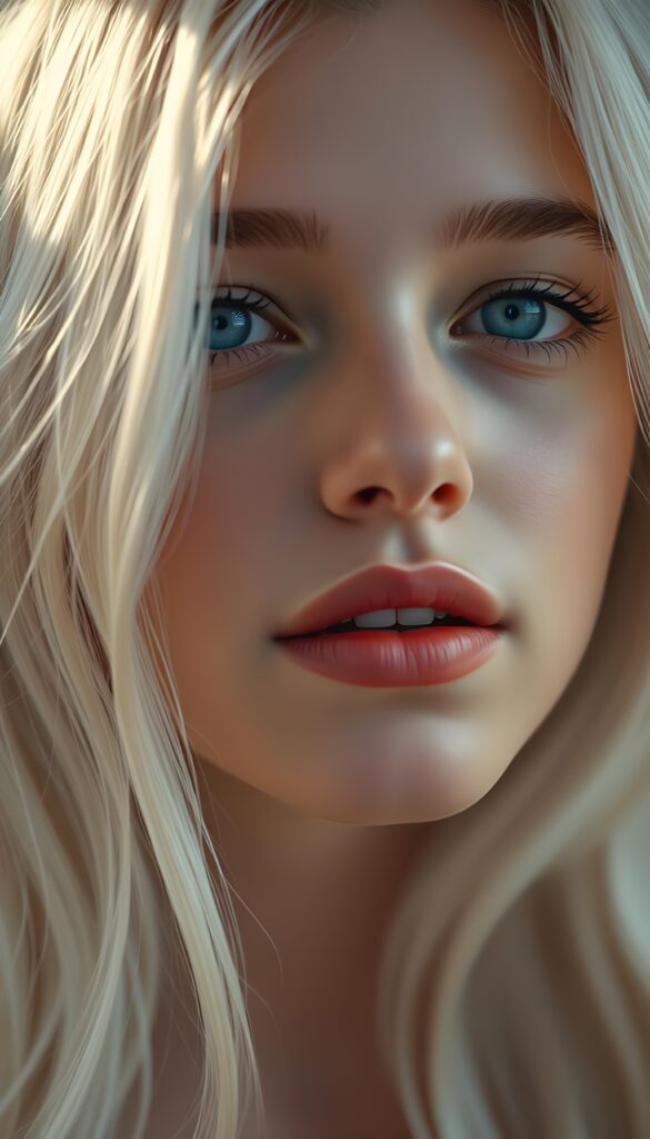 A nostalgic photo from a beautiful young girl with long, straight blonde hair; she has plump, full lips and is anticipating a sensual kiss; her skin is flawless. The focus is on her deep blue eyes. Light falls on her round, angelic face. The image perfectly conveys passion and sensuality. The background is a white-gray canvas.