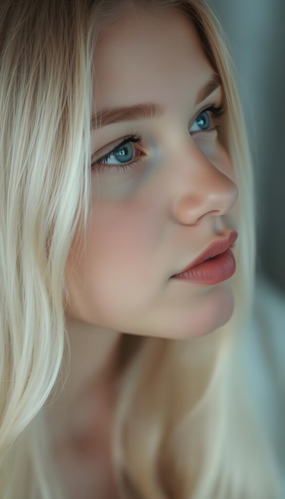 A nostalgic photo shows a young adult teen girl with white, silky smooth, soft, fine hair, looking dreamily at the viewer. She has flawless skin, delicate lips, and white teeth. A round, angelic face gently framed by her hair. Soft light falls into her deep blue, shining eyes. The image has a peaceful effect. Her mouth is slightly open and inviting a kiss with half closed eyes, she looks up to the viewer, seductive, side view