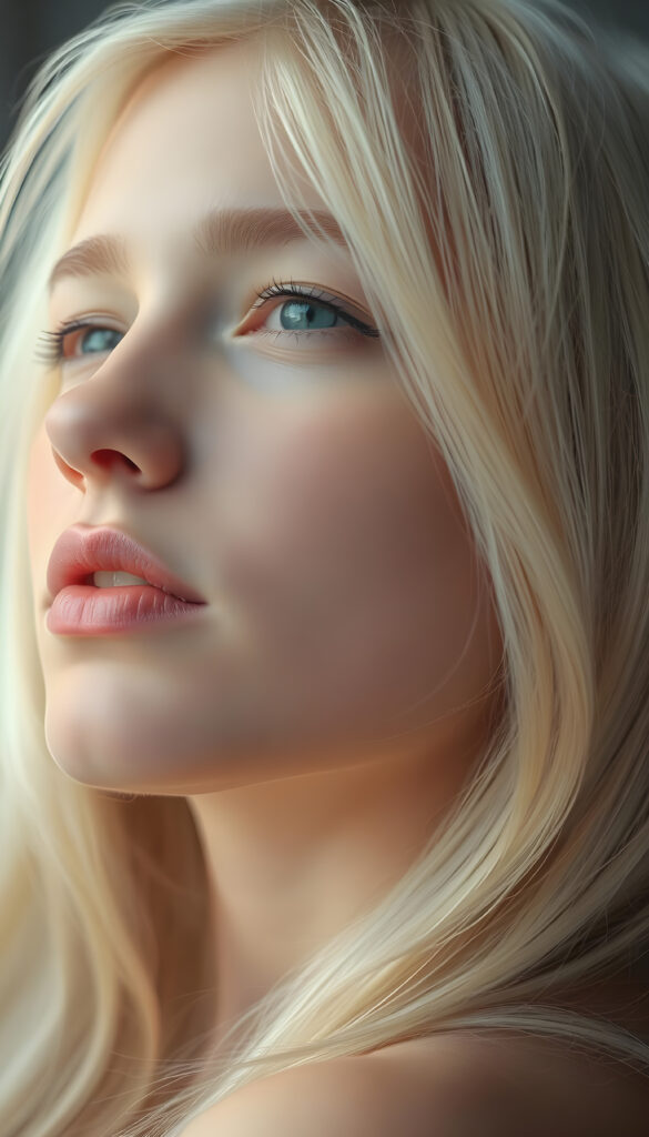 A nostalgic photo shows a young adult teen girl with white, silky smooth, soft, fine hair, looking dreamily at the viewer. She has flawless skin, delicate lips, and white teeth. A round, angelic face gently framed by her hair. Soft light falls into her deep blue, shining eyes. The image has a peaceful effect. Her mouth is slightly open and inviting a kiss with half closed eyes, she looks up to the viewer, seductive, side view