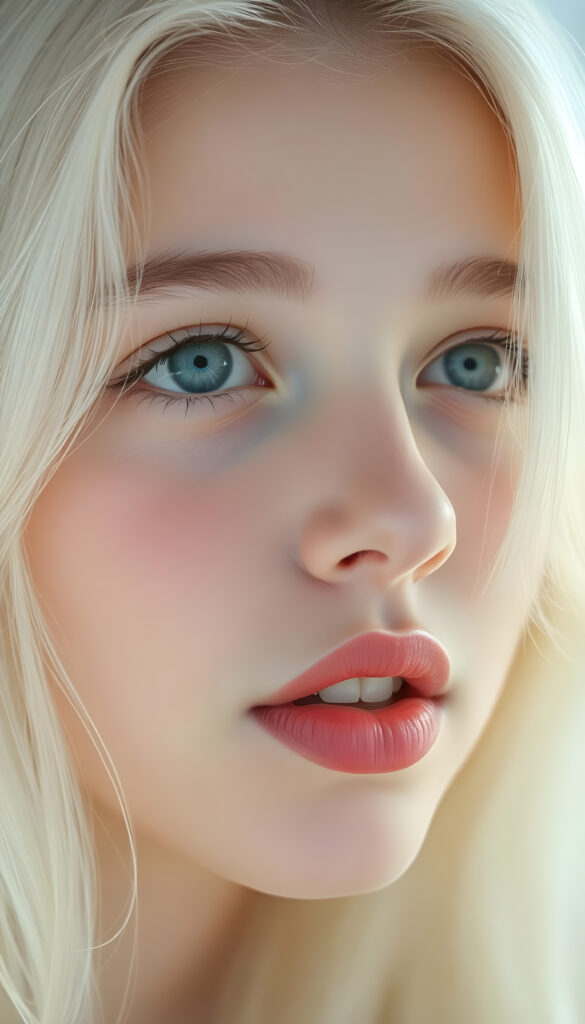 A nostalgic photo shows a young adult teen girl with white, silky smooth, soft, fine hair, looking dreamily at the viewer. She has flawless skin, delicate lips, and white teeth. A round, angelic face gently framed by her hair. Soft light falls into her deep blue, shining eyes. The image has a peaceful effect. Her mouth is slightly open and inviting a kiss with half closed eyes, she looks up to the viewer, seductive