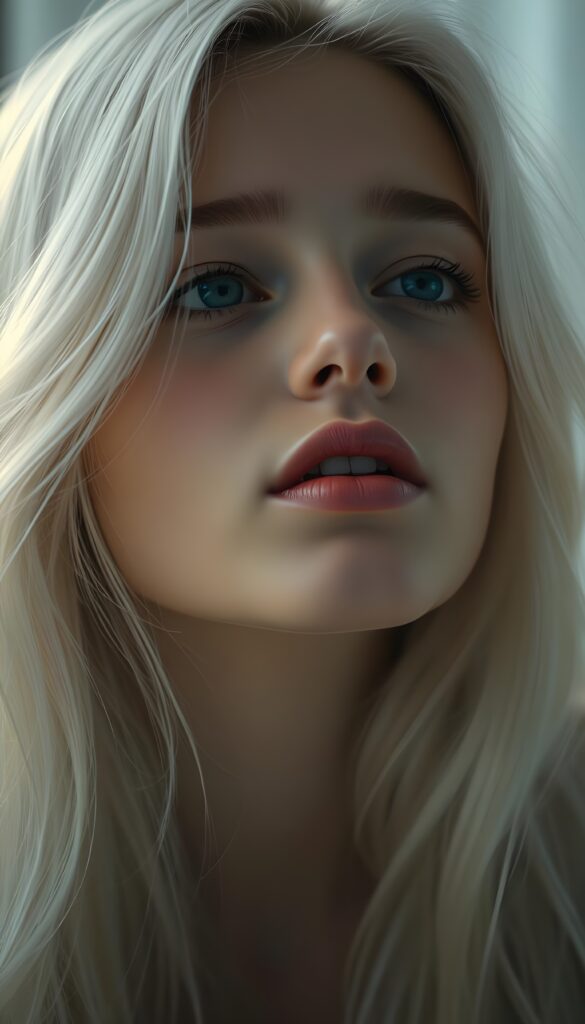 A nostalgic photo from a beautiful young girl with long, straight blonde hair; she has plump, full lips and is anticipating a sensual kiss; her skin is flawless. The focus is on her deep blue eyes. Light falls on her round, angelic face. The image perfectly conveys passion and sensuality. The background is a white-gray canvas.