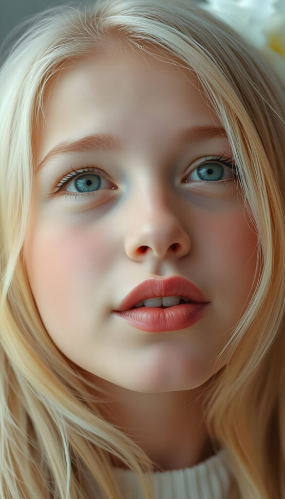 A nostalgic photo shows a young adult teen girl with white, silky smooth, soft, fine hair, looking dreamily at the viewer. She has flawless skin, delicate lips, and white teeth. A round, angelic face gently framed by her hair. Soft light falls into her deep blue, shining eyes. The image has a peaceful effect. Her mouth is slightly open and inviting a kiss with half closed eyes, she looks up to the viewer, seductive