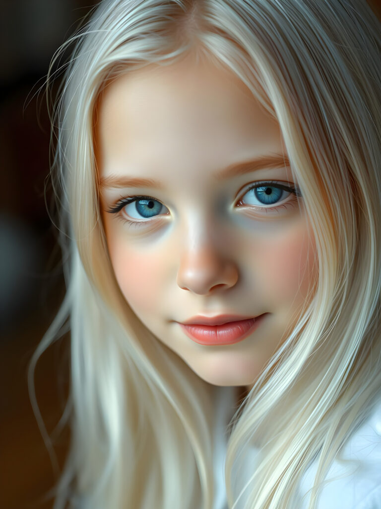 A nostalgic photo shows a young adult teen girl with white, silky smooth, soft, fine hair, looking dreamily at the viewer. She has flawless skin, delicate lips, and white teeth. A round, angelic face gently framed by her hair. Soft light falls into her deep blue, shining eyes. The image has a peaceful effect.