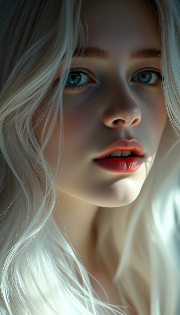 A nostalgic photo from a beautiful young girl with long, straight blonde hair; she has plump, full lips and is anticipating a sensual kiss; her skin is flawless. The focus is on her deep blue eyes. Light falls on her round, angelic face. The image perfectly conveys passion and sensuality. The background is a white-gray canvas.