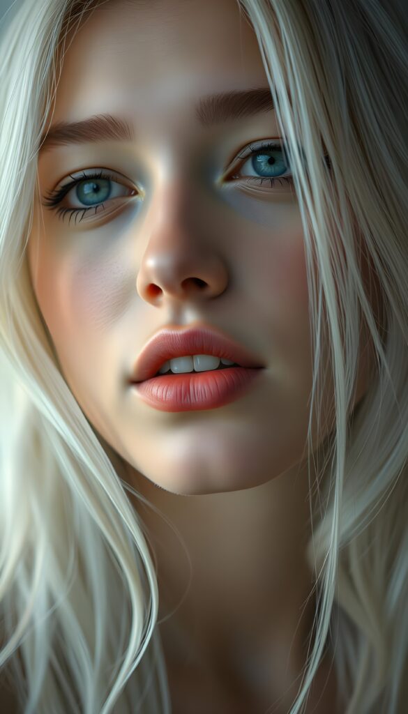 A nostalgic photo from a beautiful young girl with long, straight blonde hair; she has plump, full lips and is anticipating a sensual kiss; her skin is flawless. The focus is on her deep blue eyes. Light falls on her round, angelic face. The image perfectly conveys passion and sensuality. The background is a white-gray canvas.