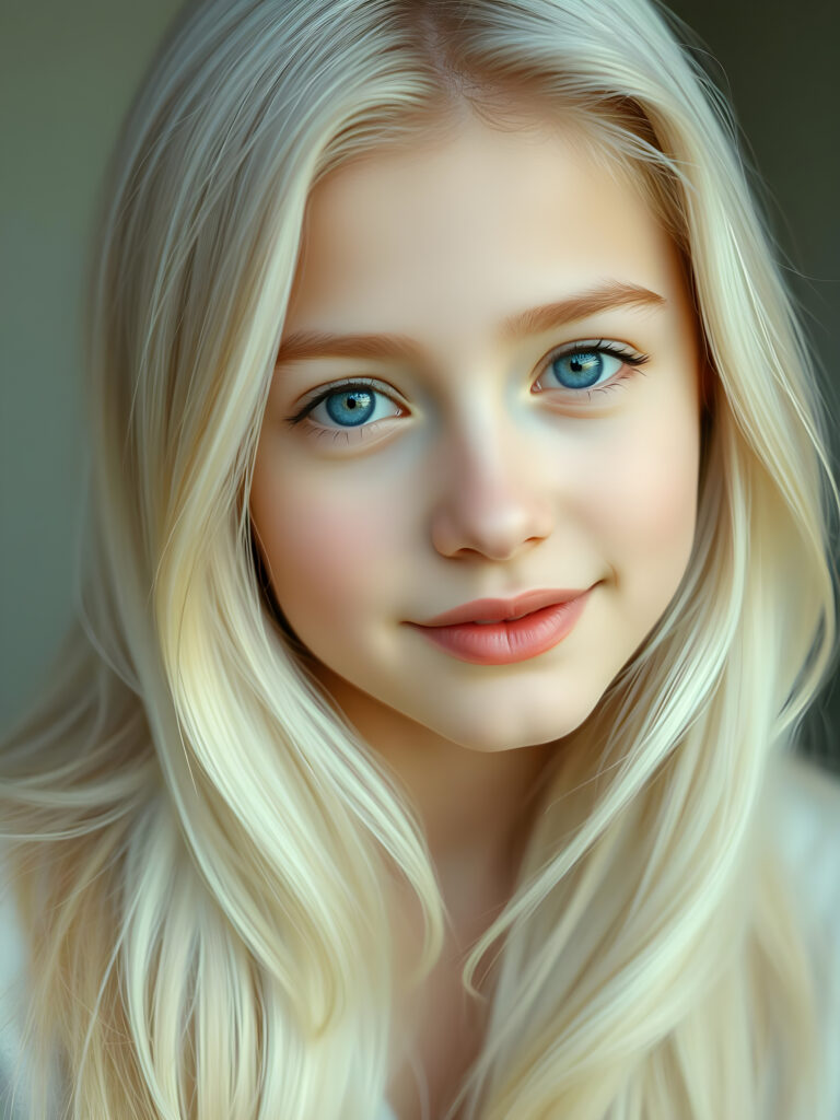 A nostalgic photo shows a young adult teen girl with white, silky smooth, soft, fine hair, looking dreamily at the viewer. She has flawless skin, delicate lips, and white teeth. A round, angelic face gently framed by her hair. Soft light falls into her deep blue, shining eyes. The image has a peaceful effect.