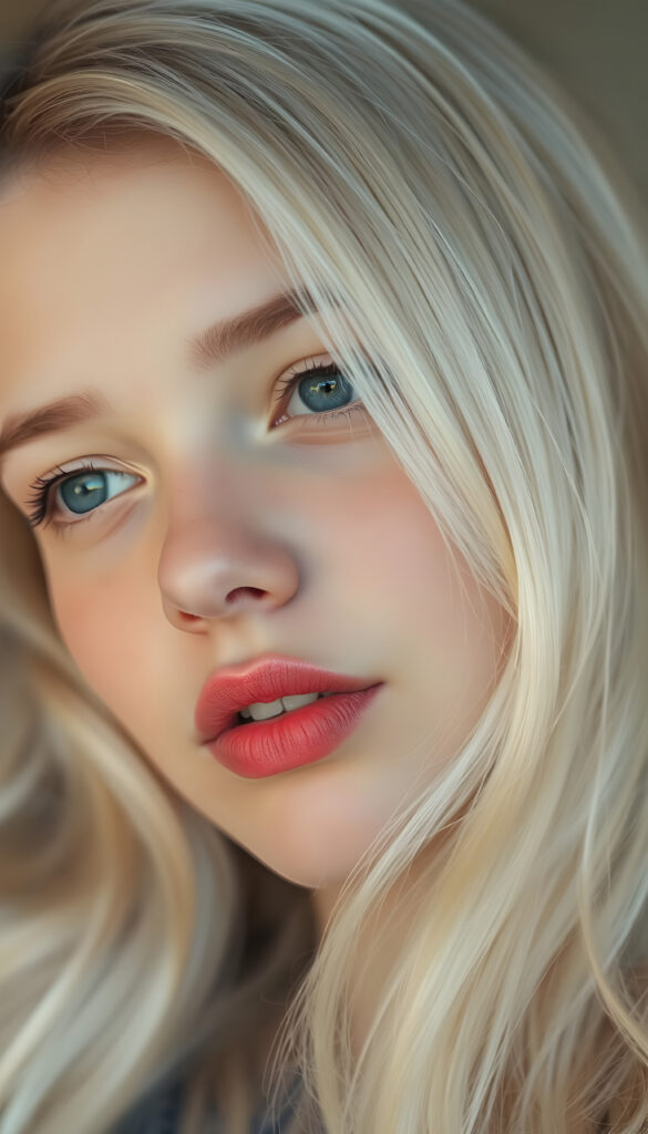 A nostalgic photo shows a young adult teen girl with white, silky smooth, soft, fine hair, looking dreamily at the viewer. She has flawless skin, delicate lips, and white teeth. A round, angelic face gently framed by her hair. Soft light falls into her deep blue, shining eyes. The image has a peaceful effect. Her mouth is slightly open and inviting a kiss with half closed eyes, she looks up to the viewer, seductive, side view