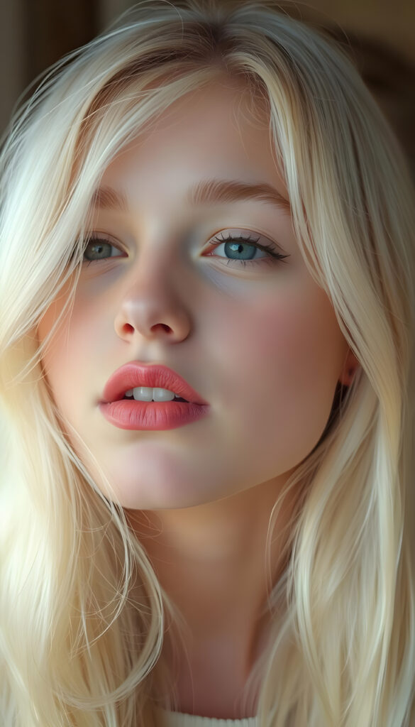A nostalgic photo shows a young adult teen girl with white, silky smooth, soft, fine hair, looking dreamily at the viewer. She has flawless skin, delicate lips, and white teeth. A round, angelic face gently framed by her hair. Soft light falls into her deep blue, shining eyes. The image has a peaceful effect. Her mouth is slightly open and inviting a kiss with half closed eyes, she looks up to the viewer, seductive