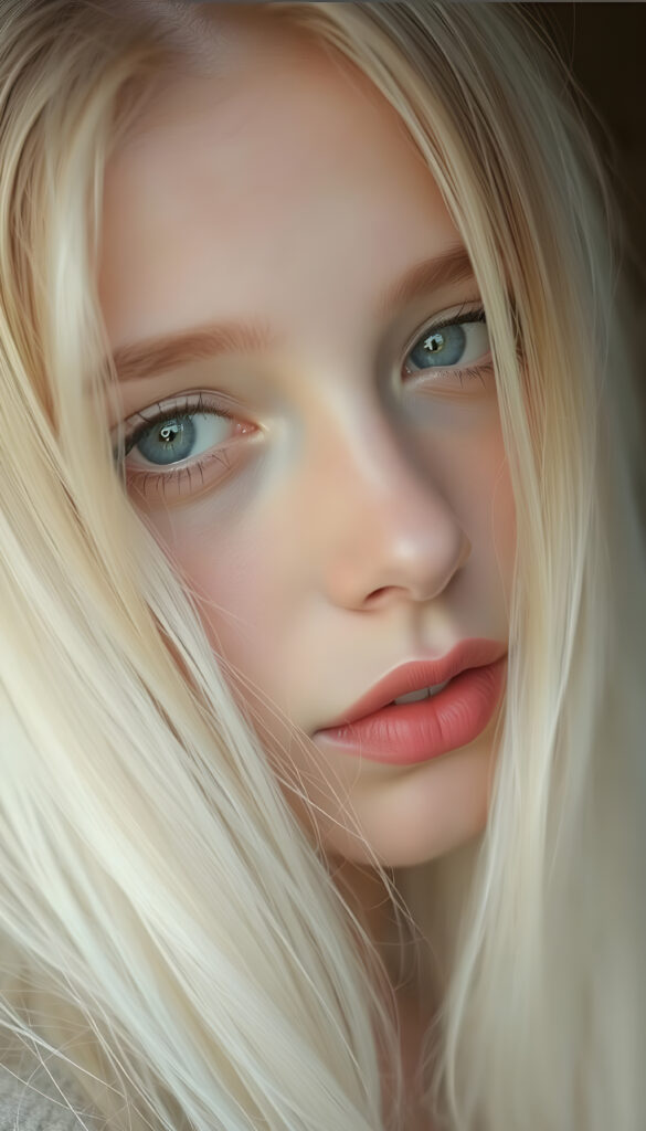 A nostalgic photo shows a young adult teen girl with white, silky smooth, soft, fine hair, looking dreamily at the viewer. She has flawless skin, delicate lips, and white teeth. A round, angelic face gently framed by her hair. Soft light falls into her deep blue, shining eyes. The image has a peaceful effect. Her mouth is slightly open and inviting a kiss with half closed eyes, she looks up to the viewer, seductive, side view
