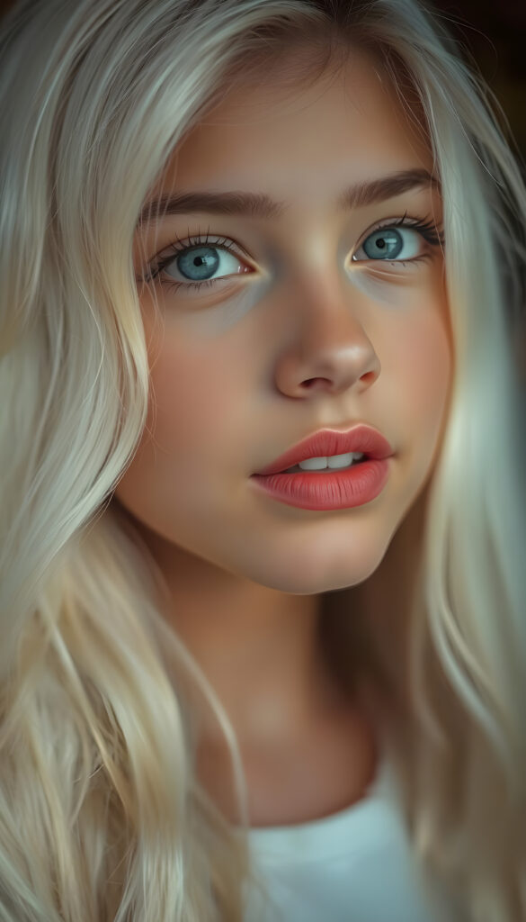 A nostalgic photo shows a young adult teen girl with white, silky smooth, soft, fine hair, looking dreamily at the viewer. She has flawless skin, delicate lips, and white teeth. A round, angelic face gently framed by her hair. Soft light falls into her deep blue, shining eyes. The image has a peaceful effect. Her mouth is slightly open and inviting a kiss with half closed eyes, she looks up to the viewer, seductive