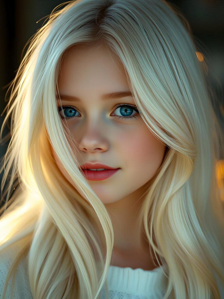 A nostalgic photo shows a young adult teen girl with white, silky smooth, soft, fine hair, looking dreamily at the viewer. She has flawless skin, delicate lips, and white teeth. A round, angelic face gently framed by her hair. Soft light falls into her deep blue, shining eyes. The image has a peaceful effect.