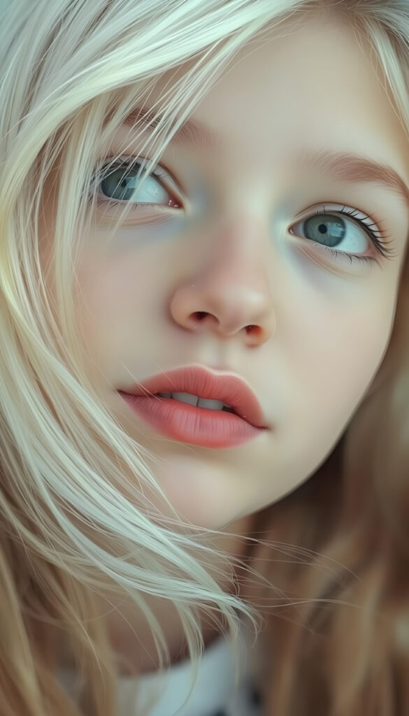 A nostalgic photo shows a young adult teen girl with white, silky smooth, soft, fine hair, looking dreamily at the viewer. She has flawless skin, delicate lips, and white teeth. A round, angelic face gently framed by her hair. Soft light falls into her deep blue, shining eyes. The image has a peaceful effect. Her mouth is slightly open and inviting a kiss with half closed eyes, she looks up to the viewer, seductive, side view