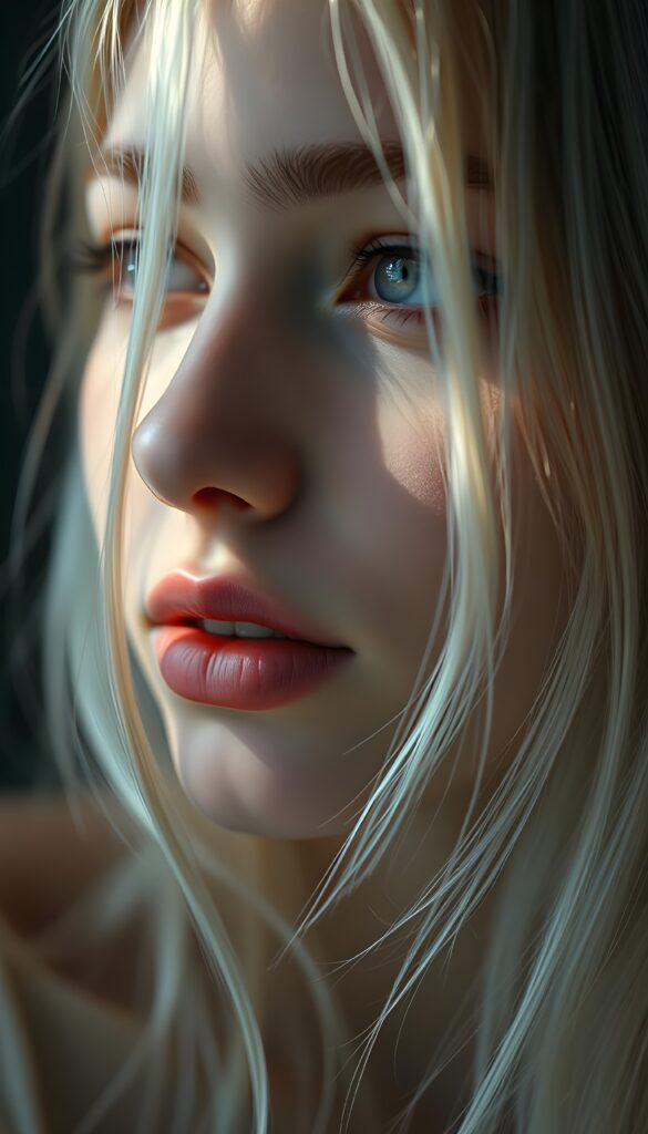 A nostalgic photo from a beautiful young girl with long, straight blonde hair; she has plump, full lips and is anticipating a sensual kiss; her skin is flawless. The focus is on her deep blue eyes. Light falls on her round, angelic face. The image perfectly conveys passion and sensuality. The background is a white-gray canvas.