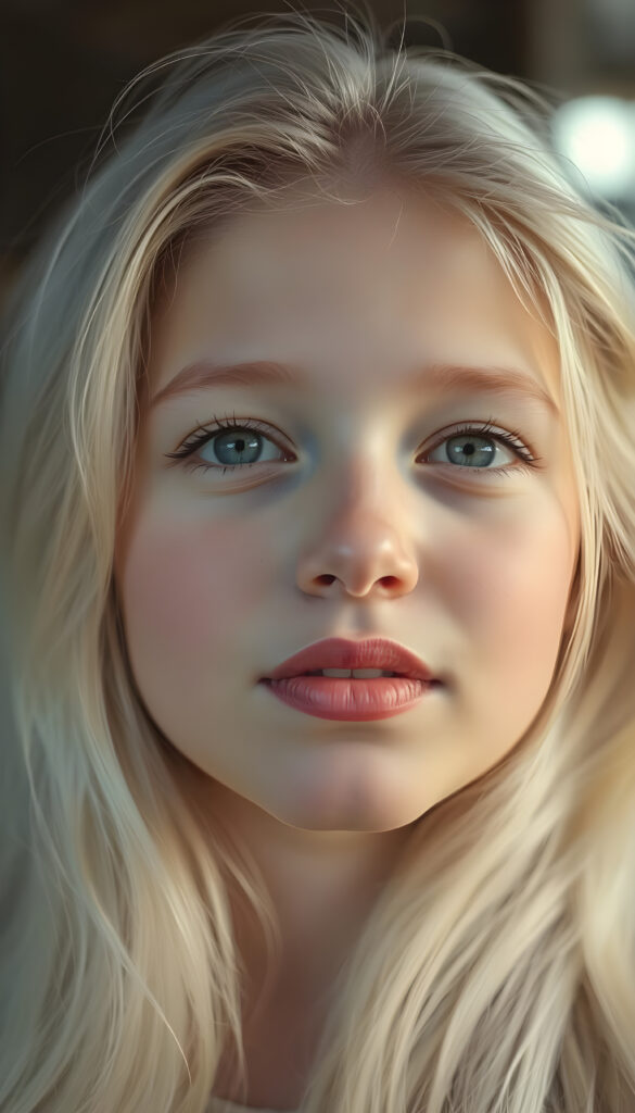 A nostalgic photo shows a young adult teen girl with white, silky smooth, soft, fine hair, looking dreamily at the viewer. She has flawless skin, delicate lips, and white teeth. A round, angelic face gently framed by her hair. Soft light falls into her deep blue, shining eyes. The image has a peaceful effect. Her mouth is slightly open and inviting a kiss with half closed eyes, she looks up to the viewer, seductive
